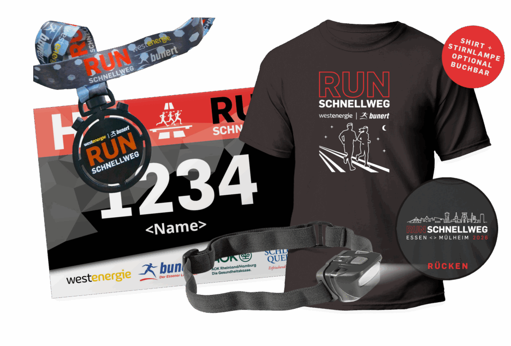 Startpaket des RUNschnellwegs mit Startnummer, Finisher-Medaille, Funktionsshirt und Stirnlampe
